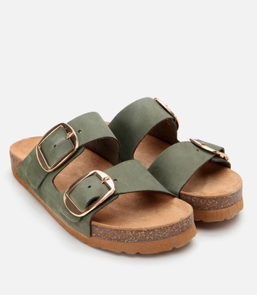  Kadın Nubuk Deri Yeşil Kemerli Düz Terlik