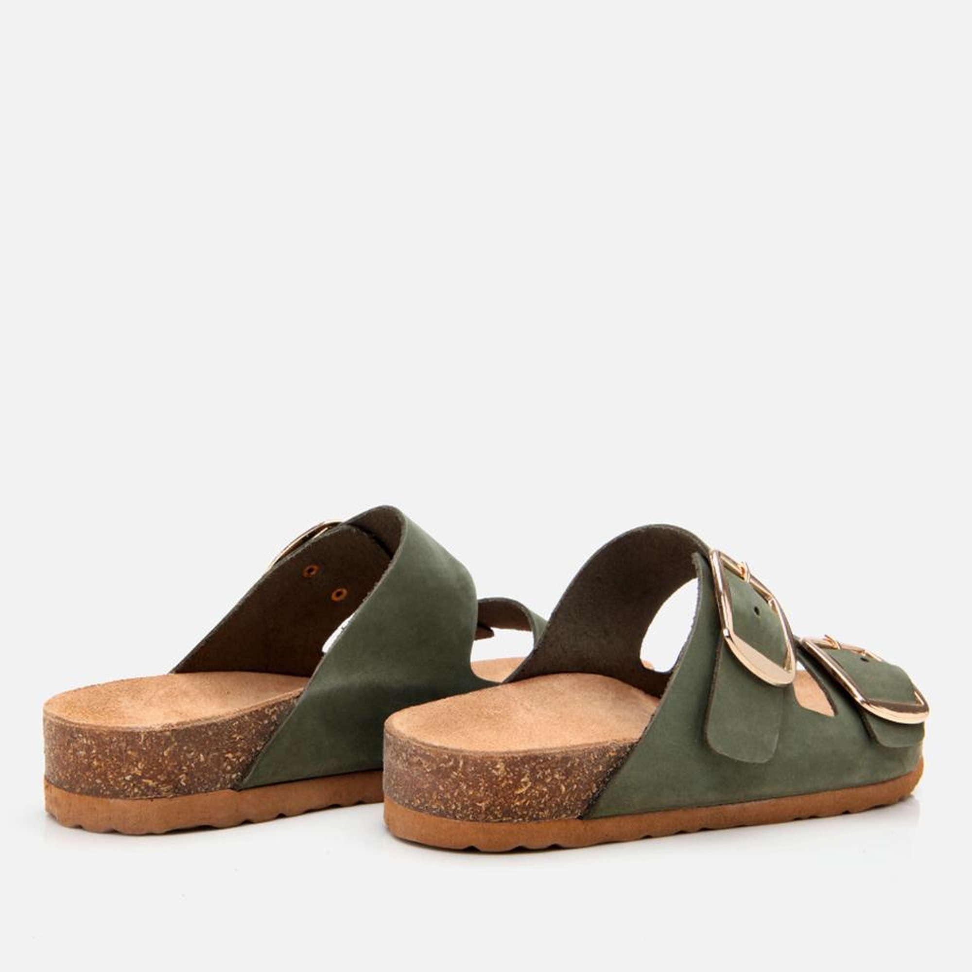 Kadın Nubuk Deri Yeşil Kemerli Düz Terlik