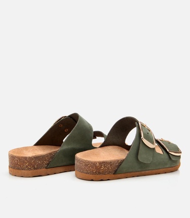  Kadın Nubuk Deri Yeşil Kemerli Düz Terlik
