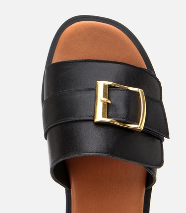  Kadın Deri Siyah Kemer Detaylı Düz Terlik