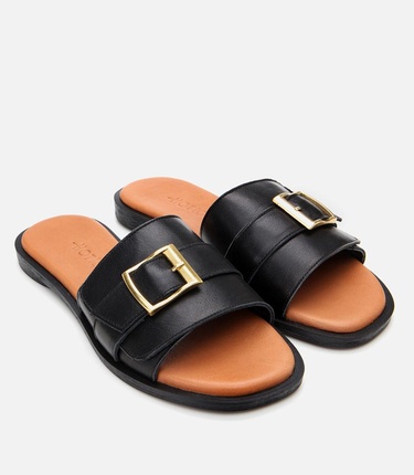  Kadın Deri Siyah Kemer Detaylı Düz Terlik