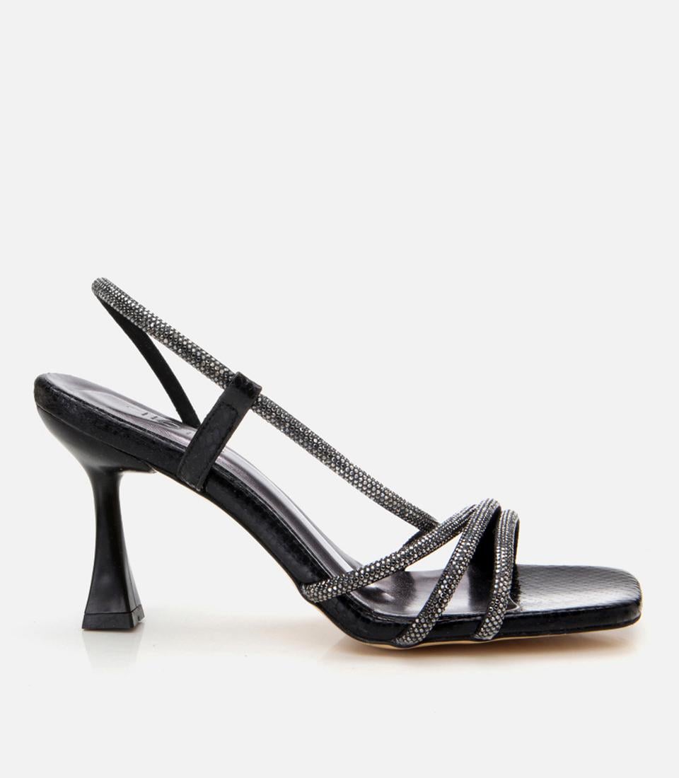  Kadın Siyah Yılan Desenli Taşlı Abiye Topuklu Sandalet