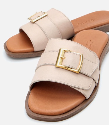  Kadın Deri Bej Kemer Detaylı Düz Terlik