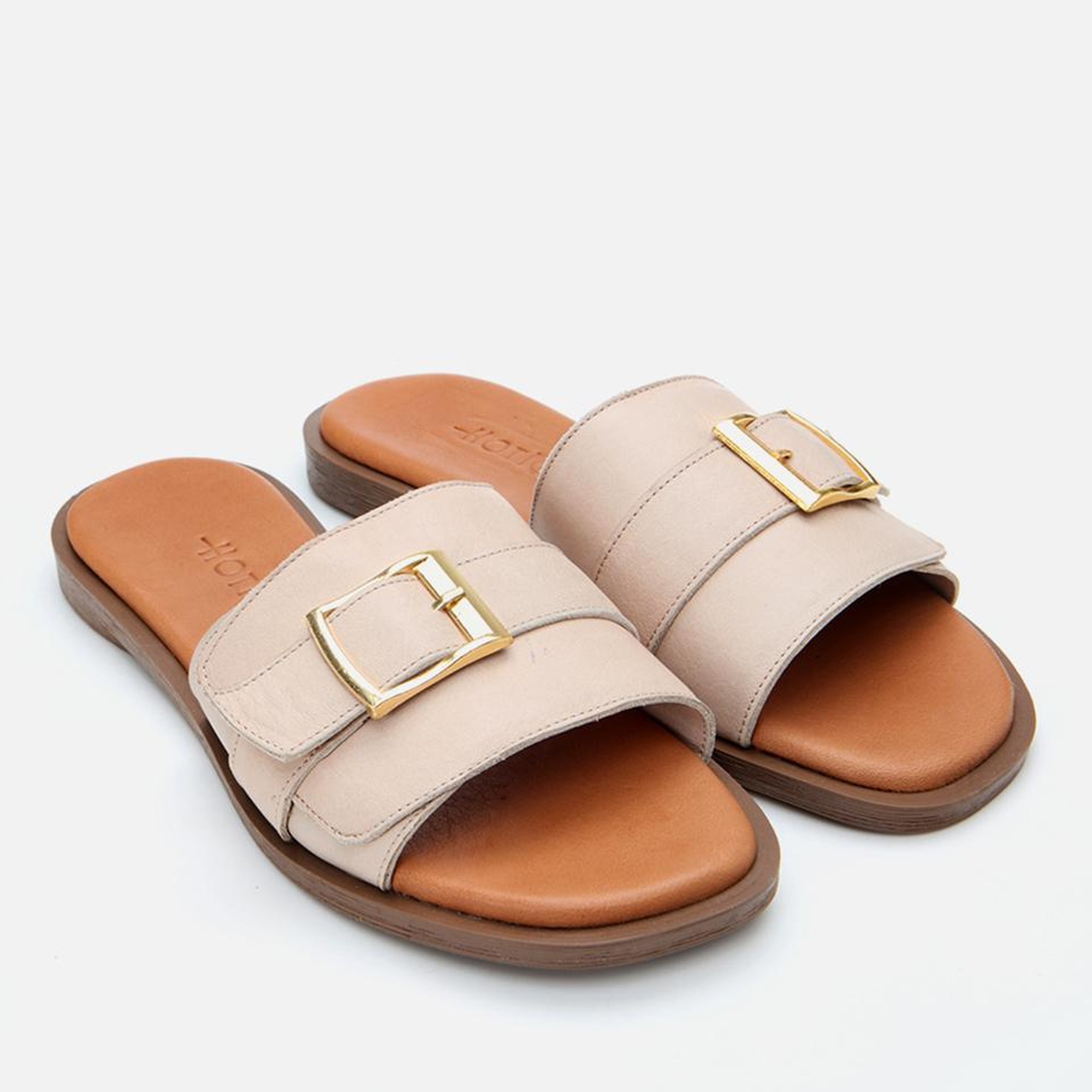 Kadın Deri Bej Kemer Detaylı Düz Terlik