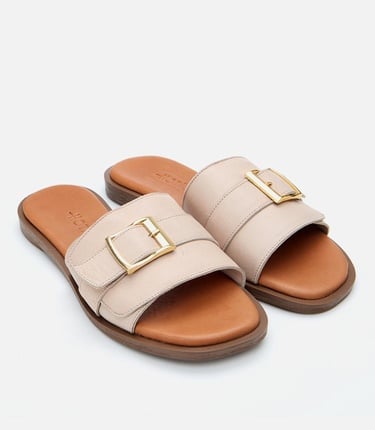  Kadın Deri Bej Kemer Detaylı Düz Terlik