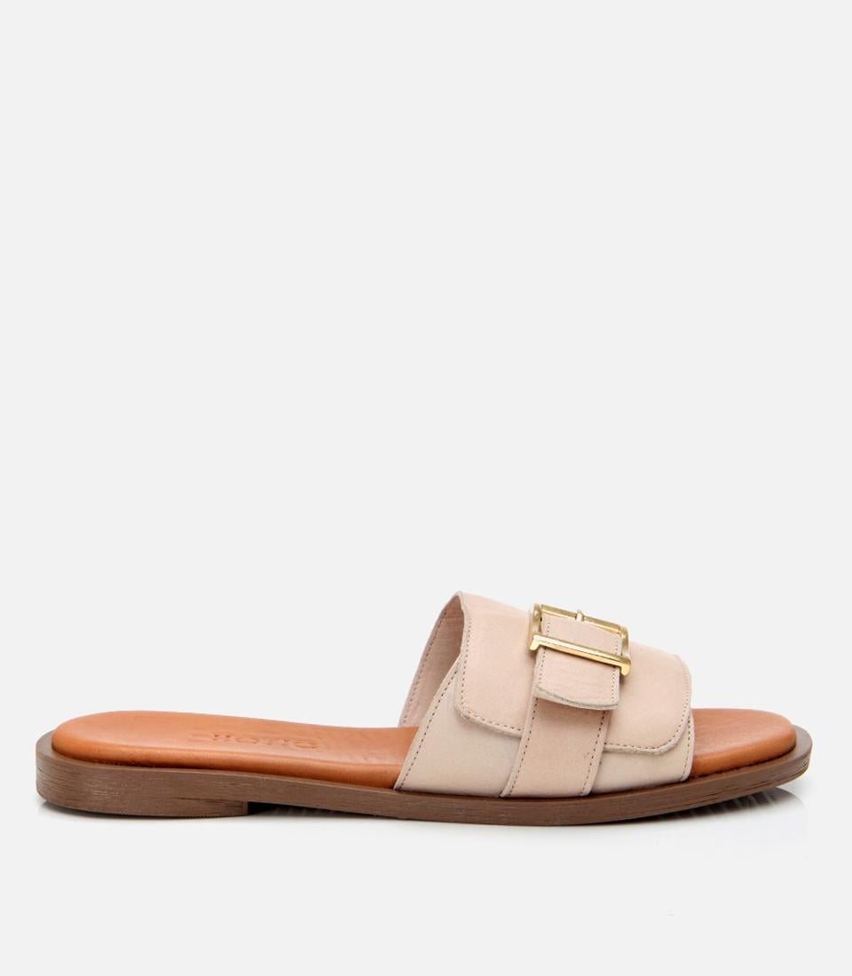  Kadın Deri Bej Kemer Detaylı Düz Terlik