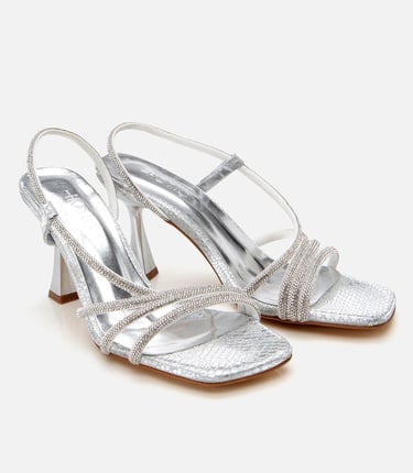  Kadın Lame Yılan Desenli Taşlı Abiye Topuklu Sandalet