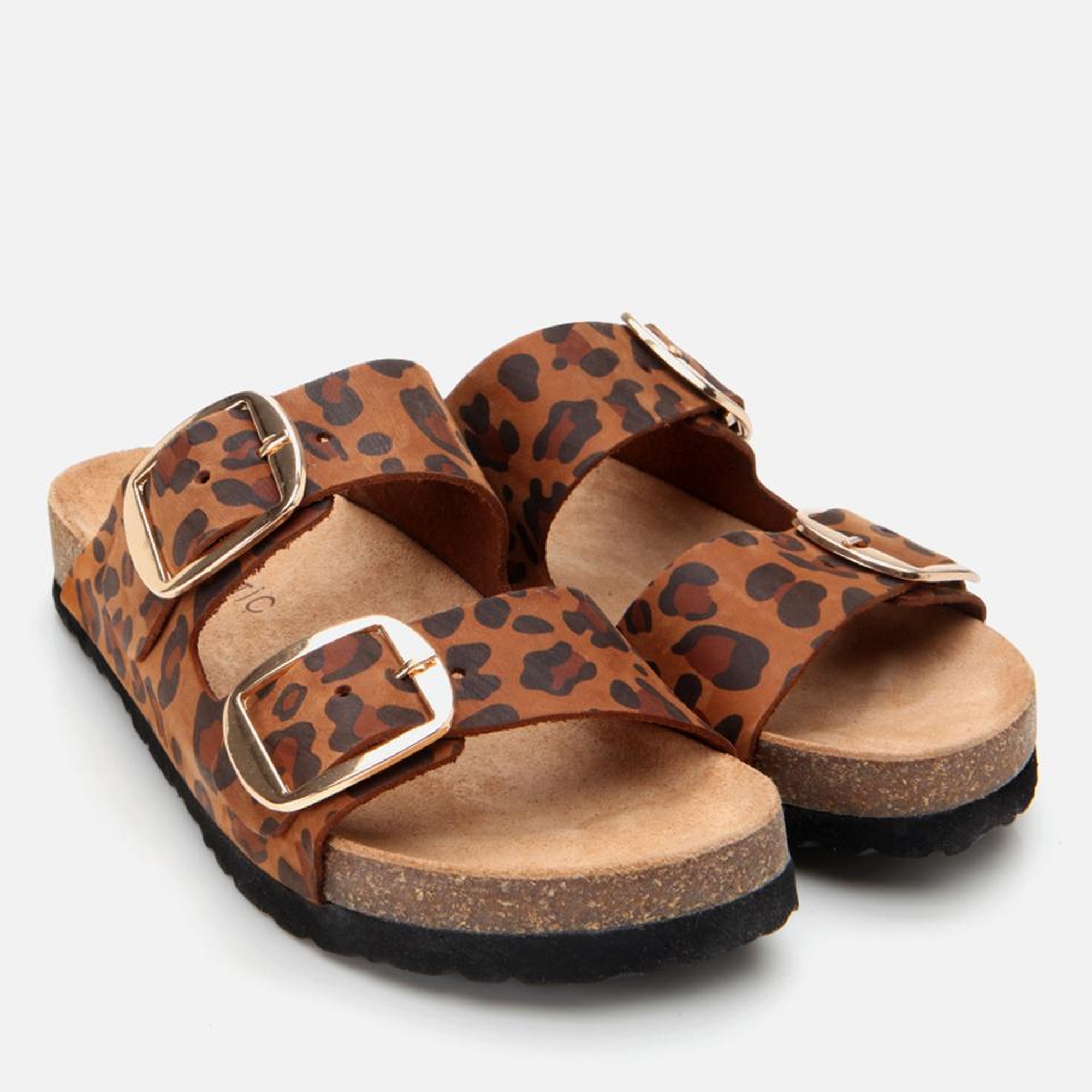 Kadın Süet Deri Taba Leopar Desenli Kemerli Düz Terlik