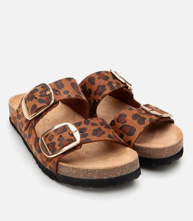  Kadın Süet Deri Taba Leopar Desenli Kemerli Düz Terlik