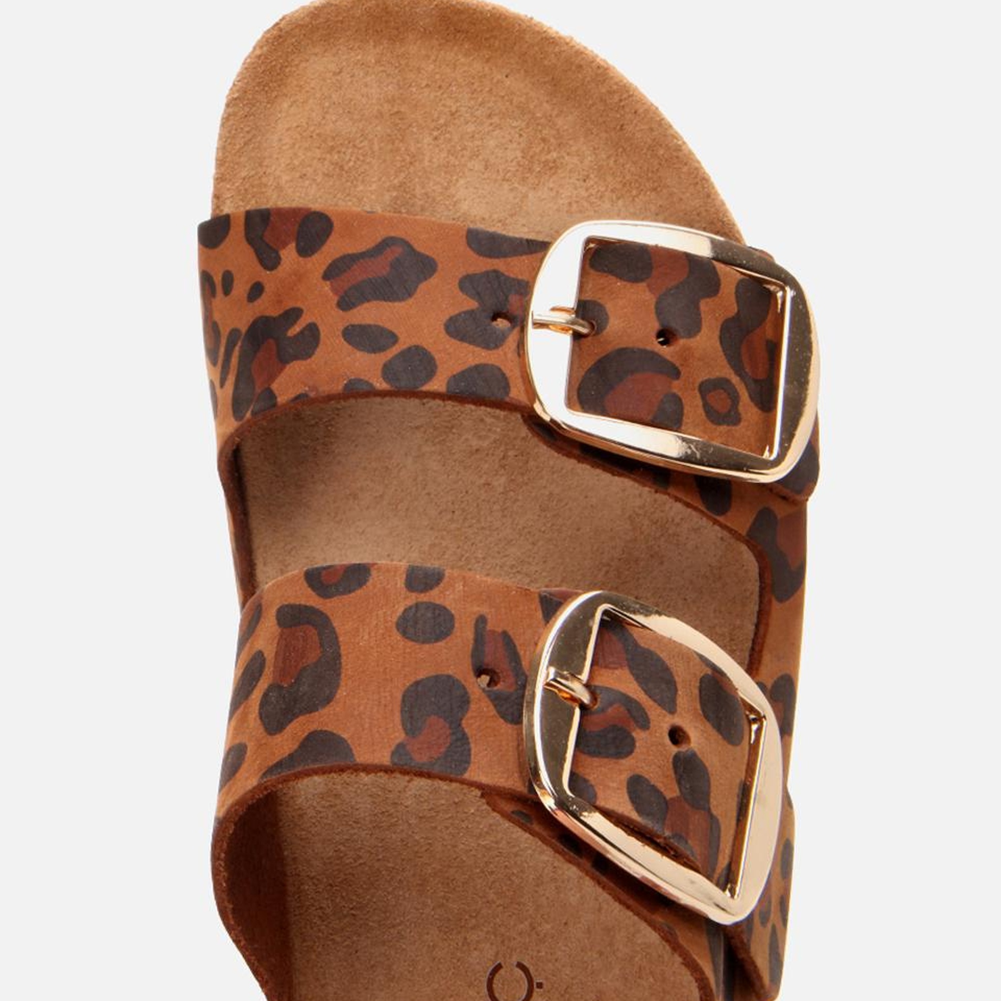 Kadın Süet Deri Taba Leopar Desenli Kemerli Düz Terlik