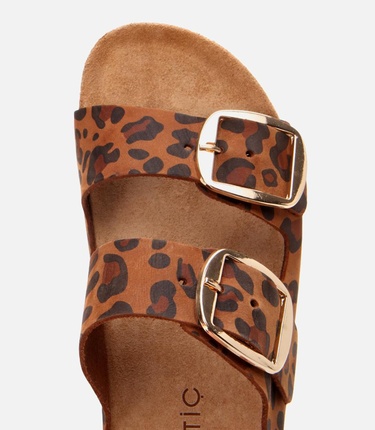  Kadın Süet Deri Taba Leopar Desenli Kemerli Düz Terlik