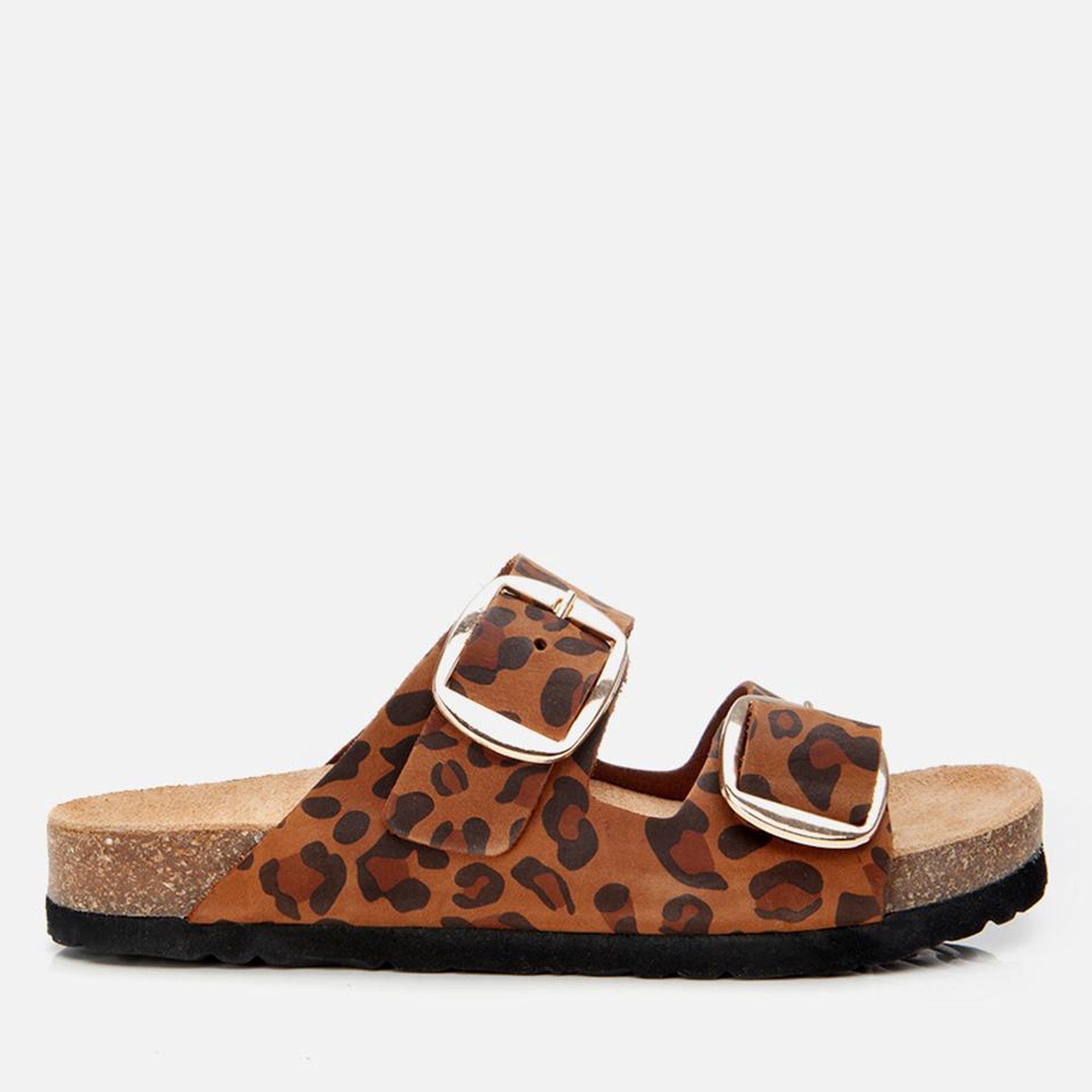 Kadın Süet Deri Taba Leopar Desenli Kemerli Düz Terlik