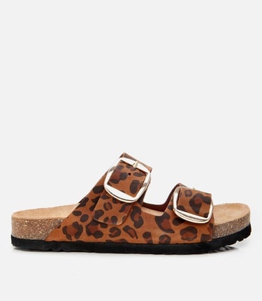  Kadın Süet Deri Taba Leopar Desenli Kemerli Düz Terlik