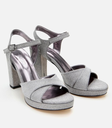  Kadın Platin Simli Abiye Yüksek Topuklu Sandalet