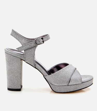  Kadın Platin Simli Abiye Yüksek Topuklu Sandalet