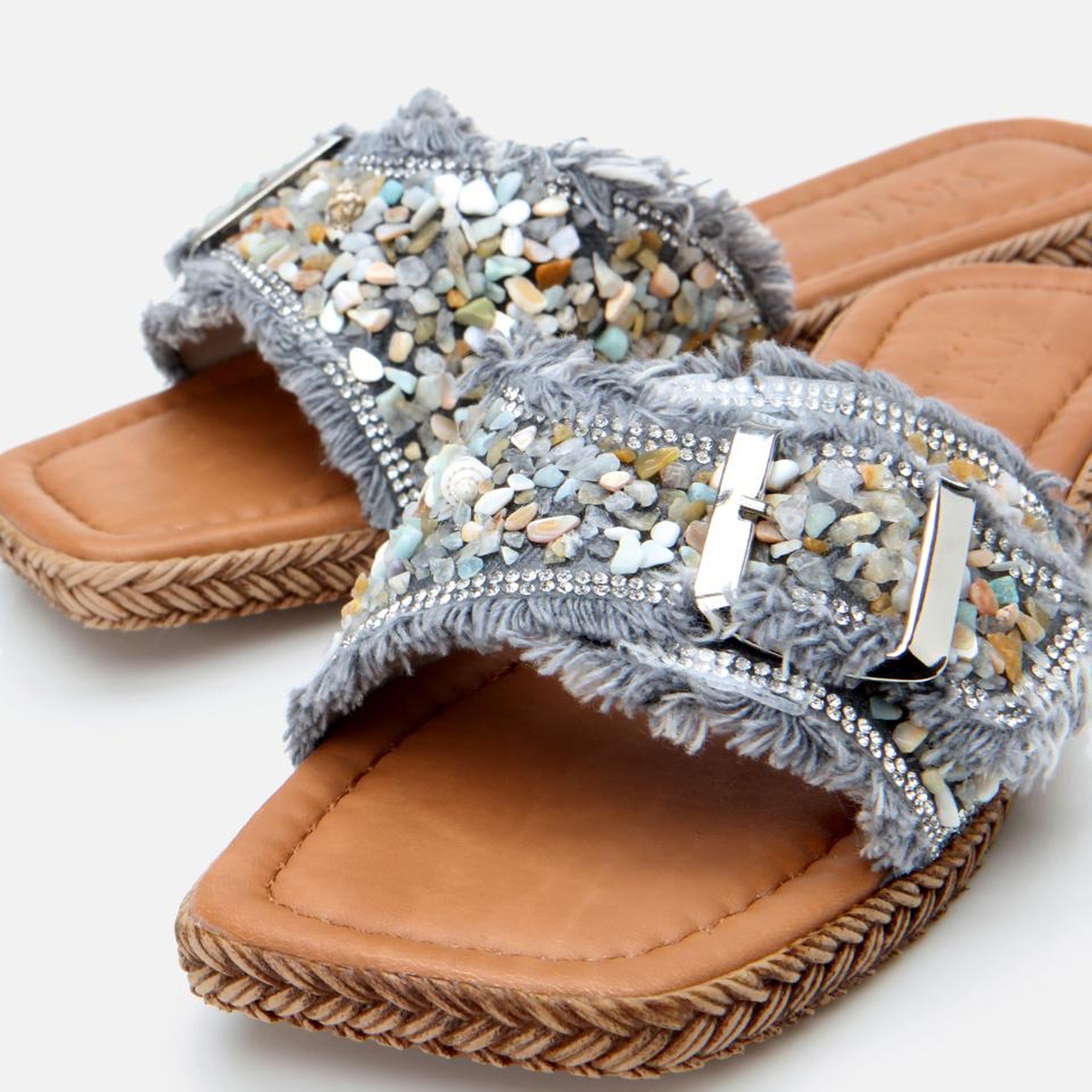 Kadın Gri Yaya Taşlı Terlik