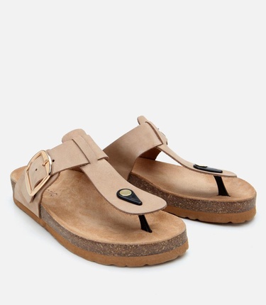  Kadın Nubuk Deri Bej Kemerli Parmak Arası Terlik