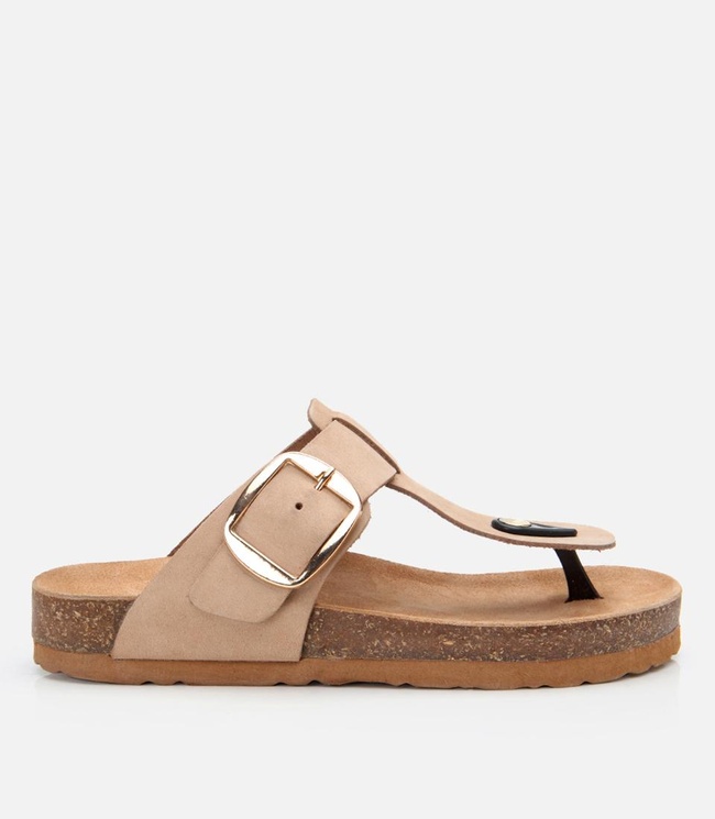  Kadın Nubuk Deri Bej Kemerli Parmak Arası Terlik