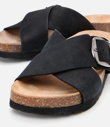  Kadın Nubuk Deri Siyah Kemerli Düz Terlik