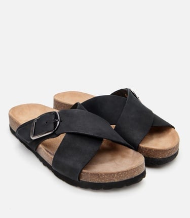  Kadın Nubuk Deri Siyah Kemerli Düz Terlik