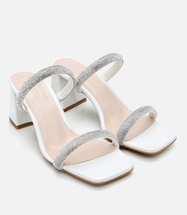  Kadın Beyaz Taşlı Kalın Topuklu Terlik