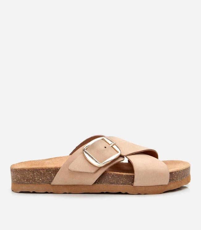  Kadın Nubuk Deri Bej Kemerli Düz Terlik