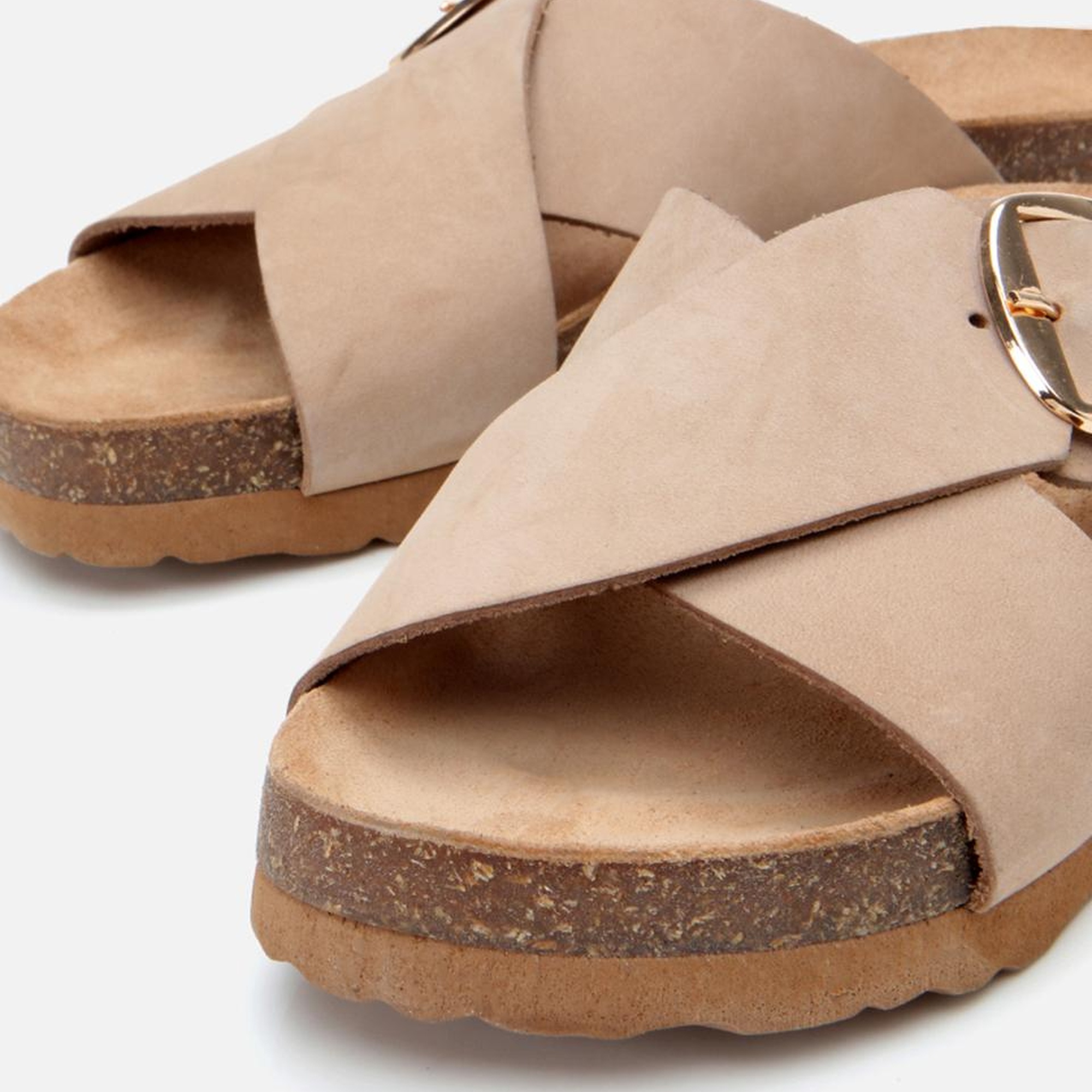 Kadın Nubuk Deri Bej Kemerli Düz Terlik