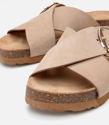  Kadın Nubuk Deri Bej Kemerli Düz Terlik