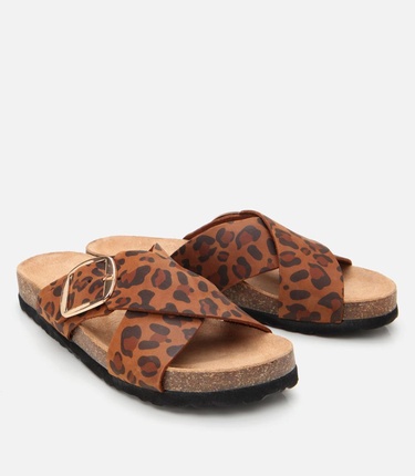  Kadın Deri Taba Leopar Desenli Kemerli Terlik