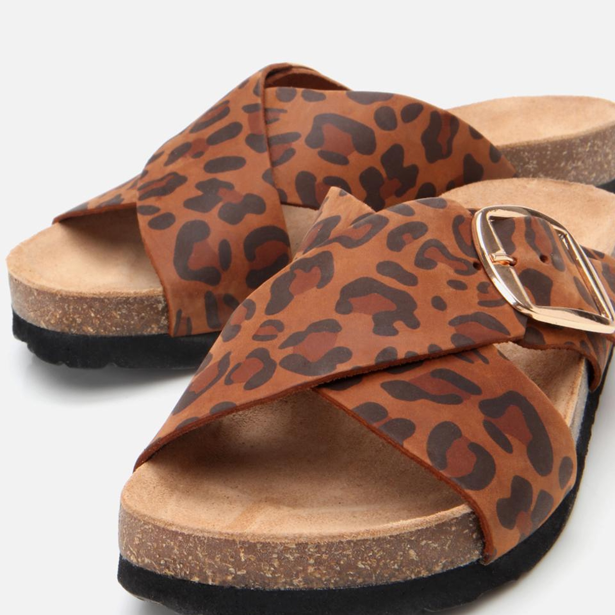 Kadın Deri Taba Leopar Desenli Kemerli Terlik