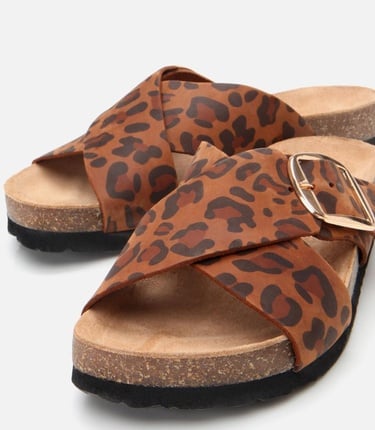  Kadın Deri Taba Leopar Desenli Kemerli Terlik