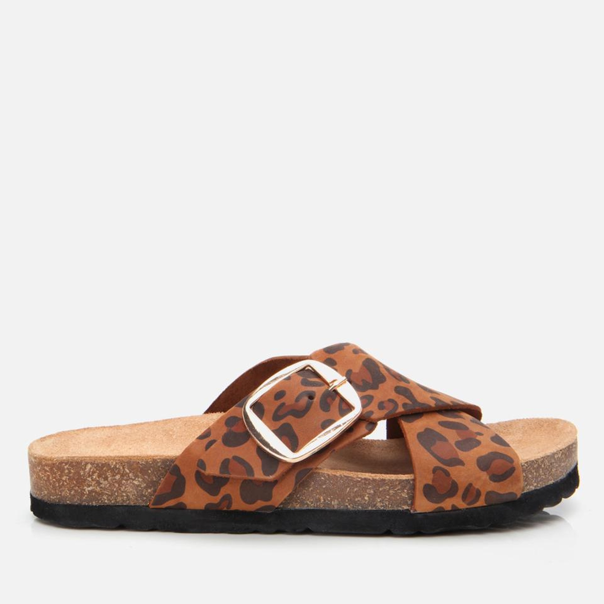 Kadın Deri Taba Leopar Desenli Kemerli Terlik