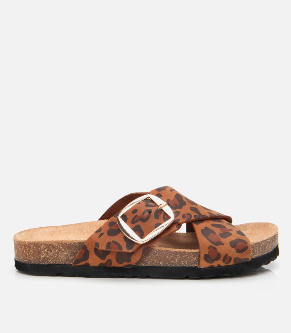  Kadın Deri Taba Leopar Desenli Kemerli Terlik