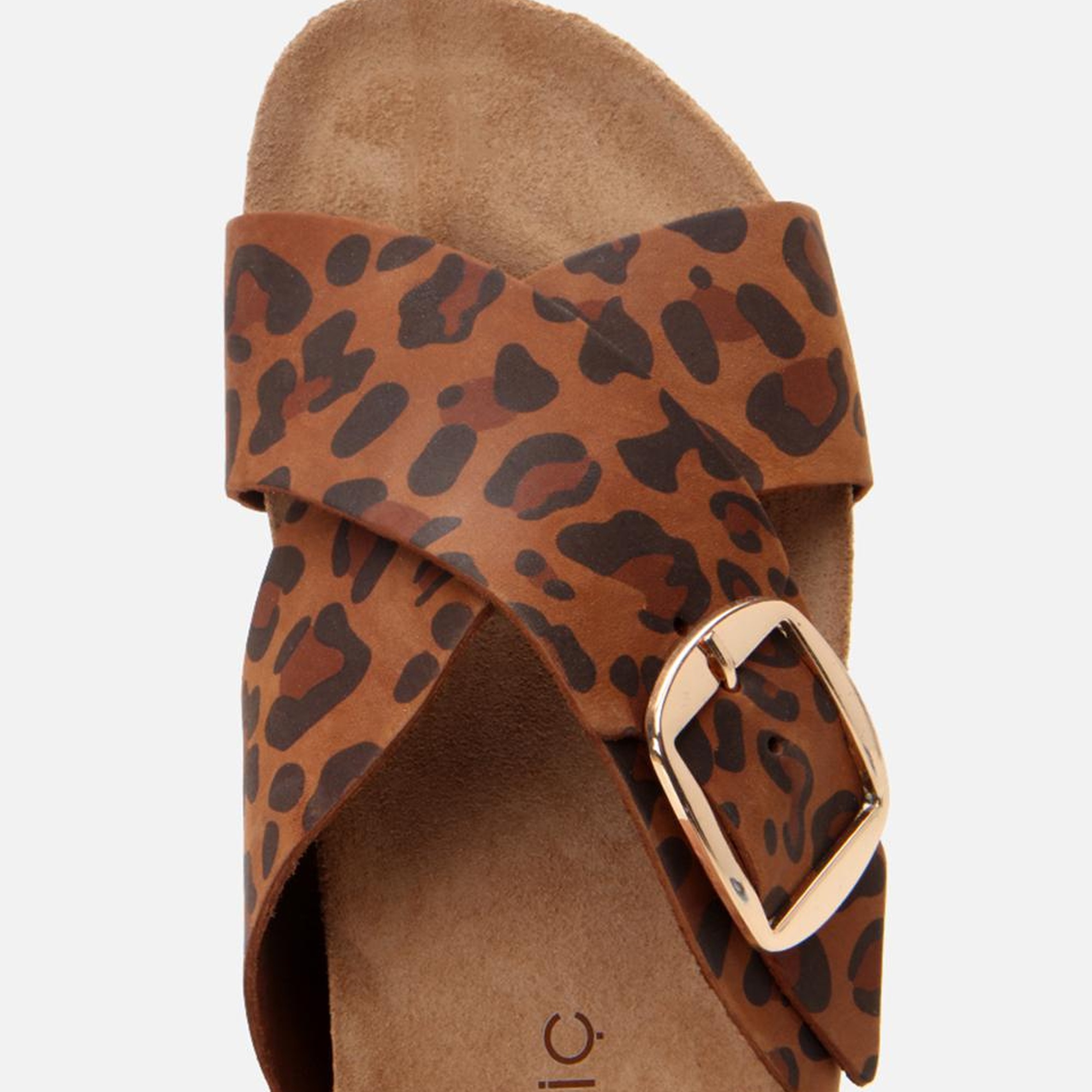 Kadın Deri Taba Leopar Desenli Kemerli Terlik