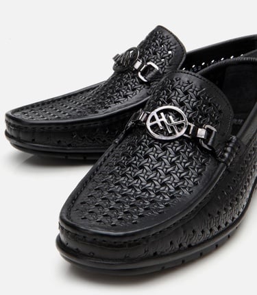  Erkek Deri Siyah Delikli Toka Detaylı Loafer