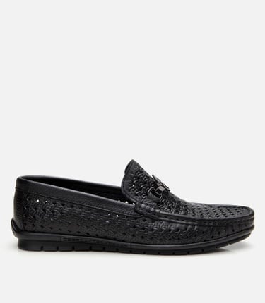  Erkek Deri Siyah Delikli Toka Detaylı Loafer