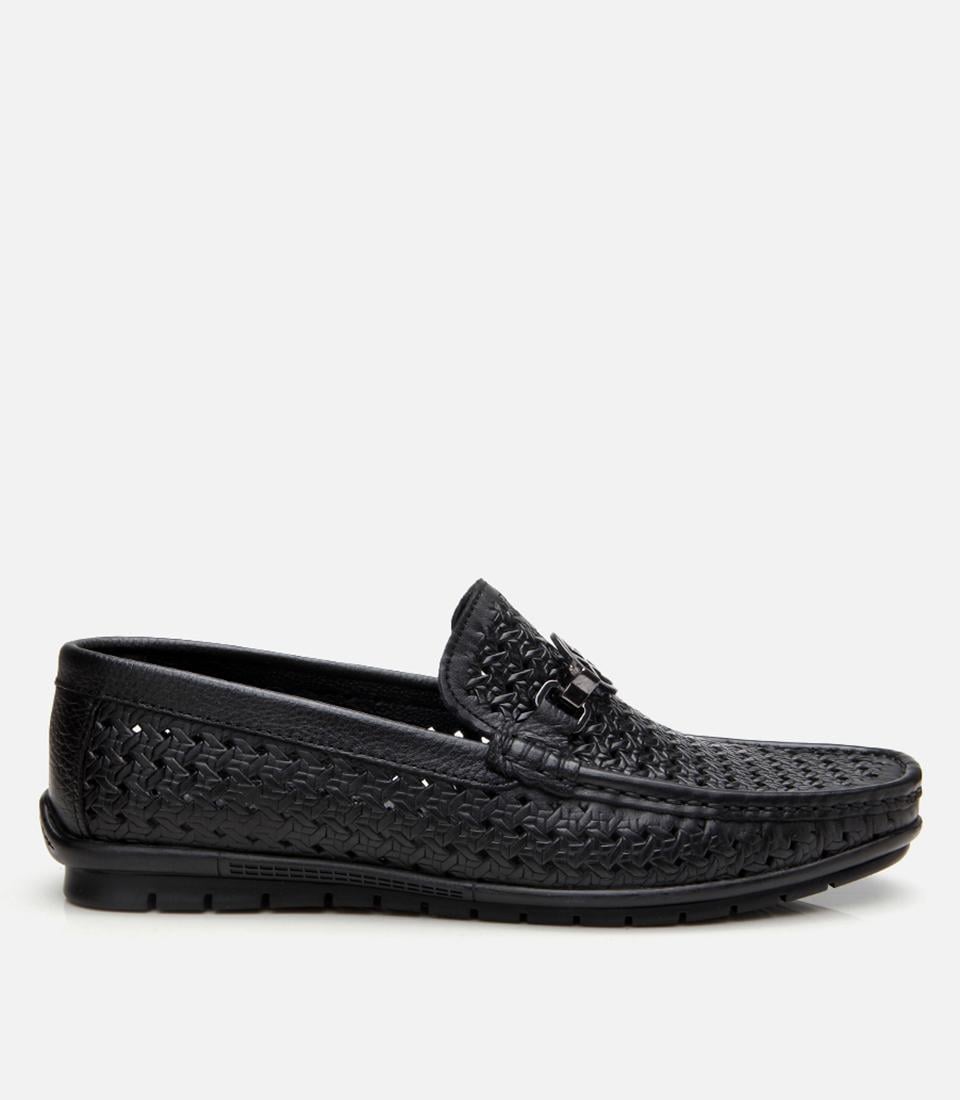  Erkek Deri Siyah Delikli Toka Detaylı Loafer
