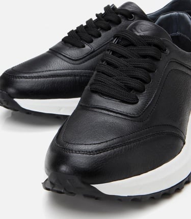  Erkek Deri Siyah Yumuşak Tabanlı Spor Ayakkabı