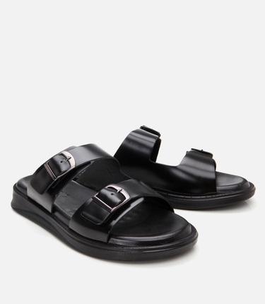  Erkek Deri Siyah Hafif Tabanlı Kemer Detaylı Terlik