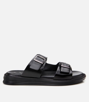  Erkek Deri Siyah Hafif Tabanlı Kemer Detaylı Terlik