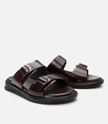  Erkek Deri Kahverengi Hafif Tabanlı Kemer Detaylı Terlik