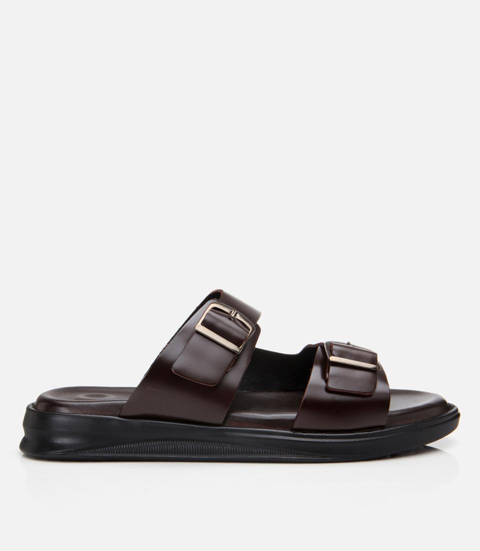  Erkek Deri Kahverengi Hafif Tabanlı Kemer Detaylı Terlik