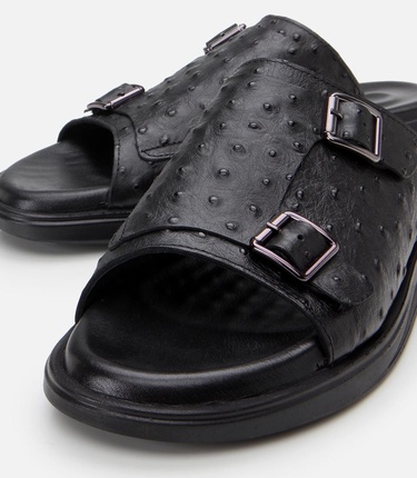  Erkek Deri Siyah Hafif Tabanlı Kemer Detaylı Terlik