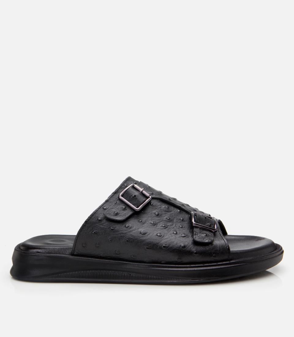  Erkek Deri Siyah Hafif Tabanlı Kemer Detaylı Terlik