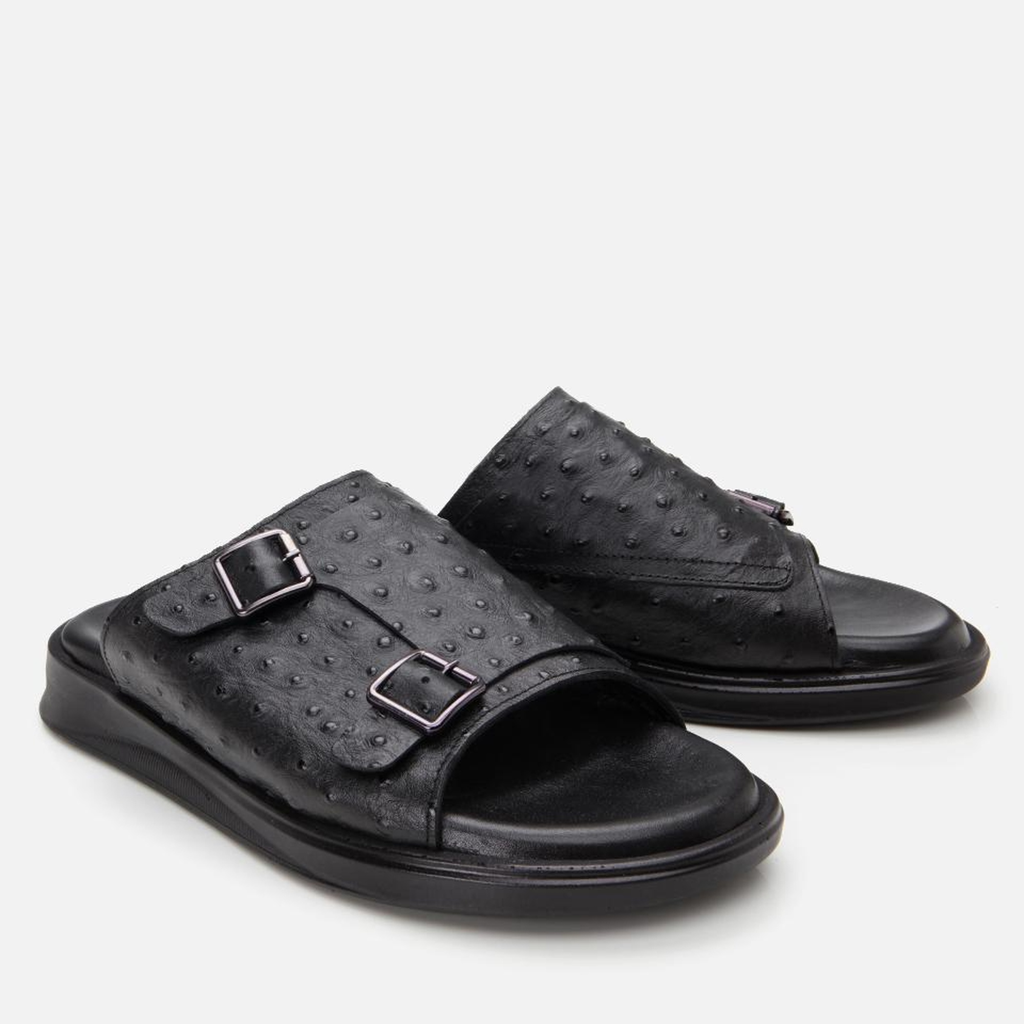 Erkek Deri Siyah Hafif Tabanlı Kemer Detaylı Terlik