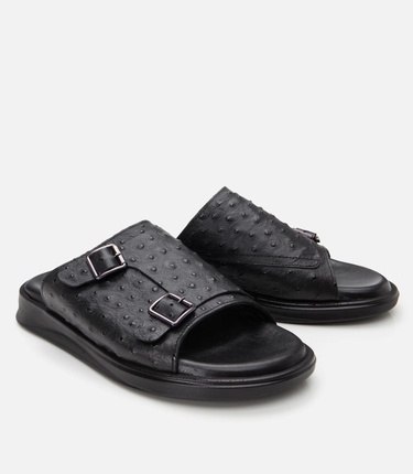  Erkek Deri Siyah Hafif Tabanlı Kemer Detaylı Terlik