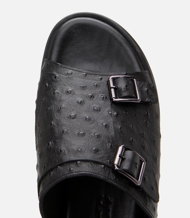  Erkek Deri Siyah Hafif Tabanlı Kemer Detaylı Terlik