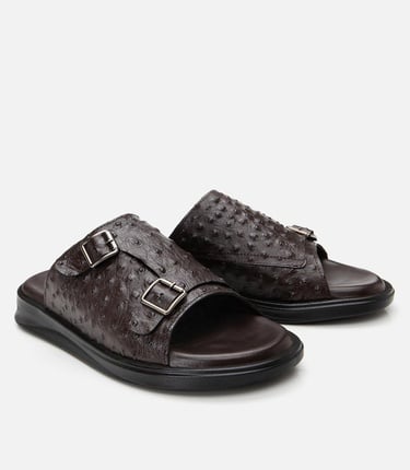  Erkek Deri Kahverengi Hafif Tabanlı Kemer Detaylı Terlik