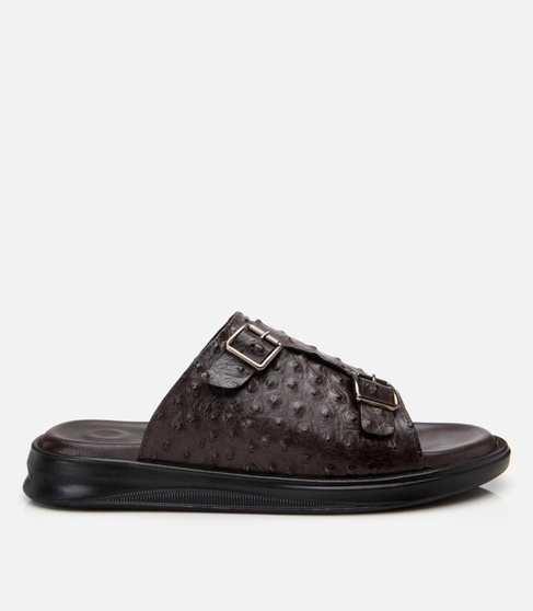  Erkek Deri Kahverengi Hafif Tabanlı Kemer Detaylı Terlik