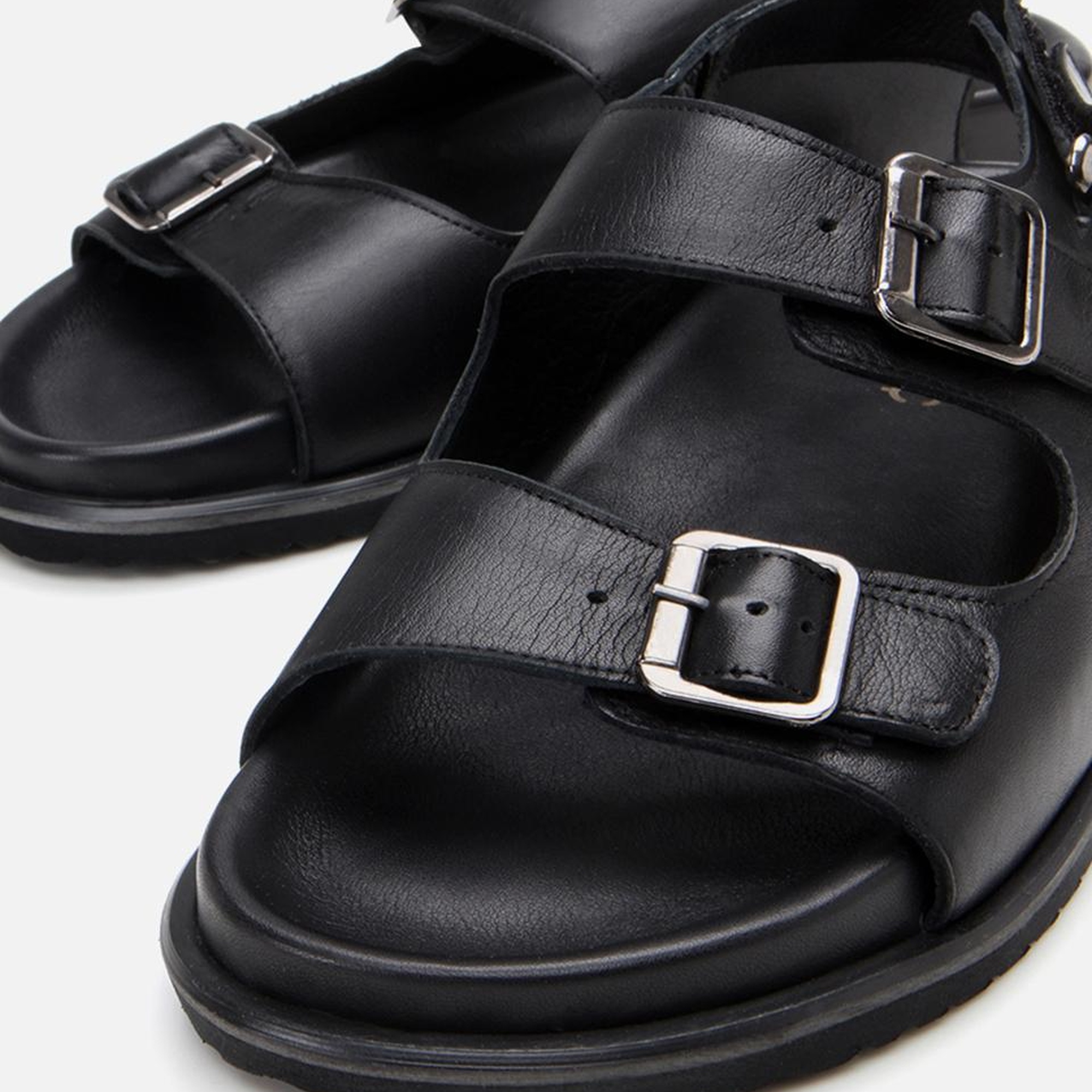 Erkek Deri Siyah Ayarlanabilir Rahat Tabanlı Sandalet